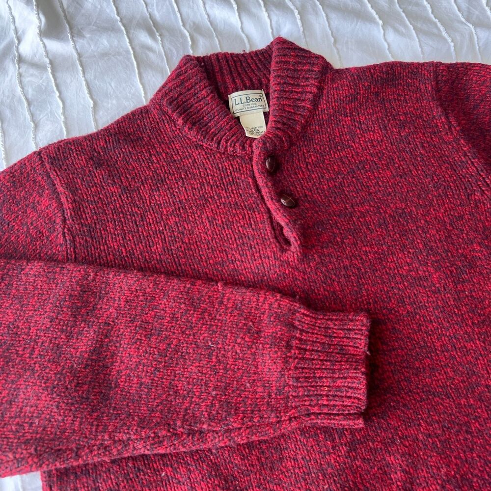 LL Bean Classic Ragg Lambs Wool Henley Sweater Mens L Tall red knit fisherman